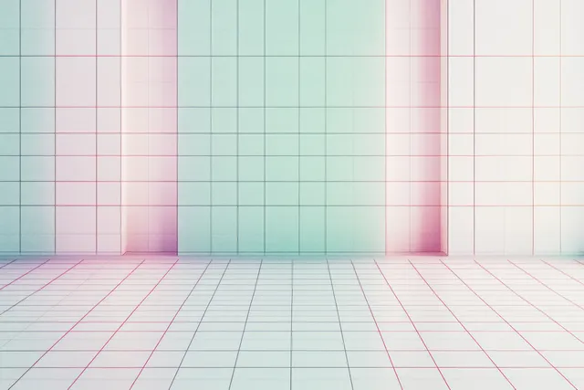 Empty tiled room with pastel gradient lighting and soft shadowed floor geometry