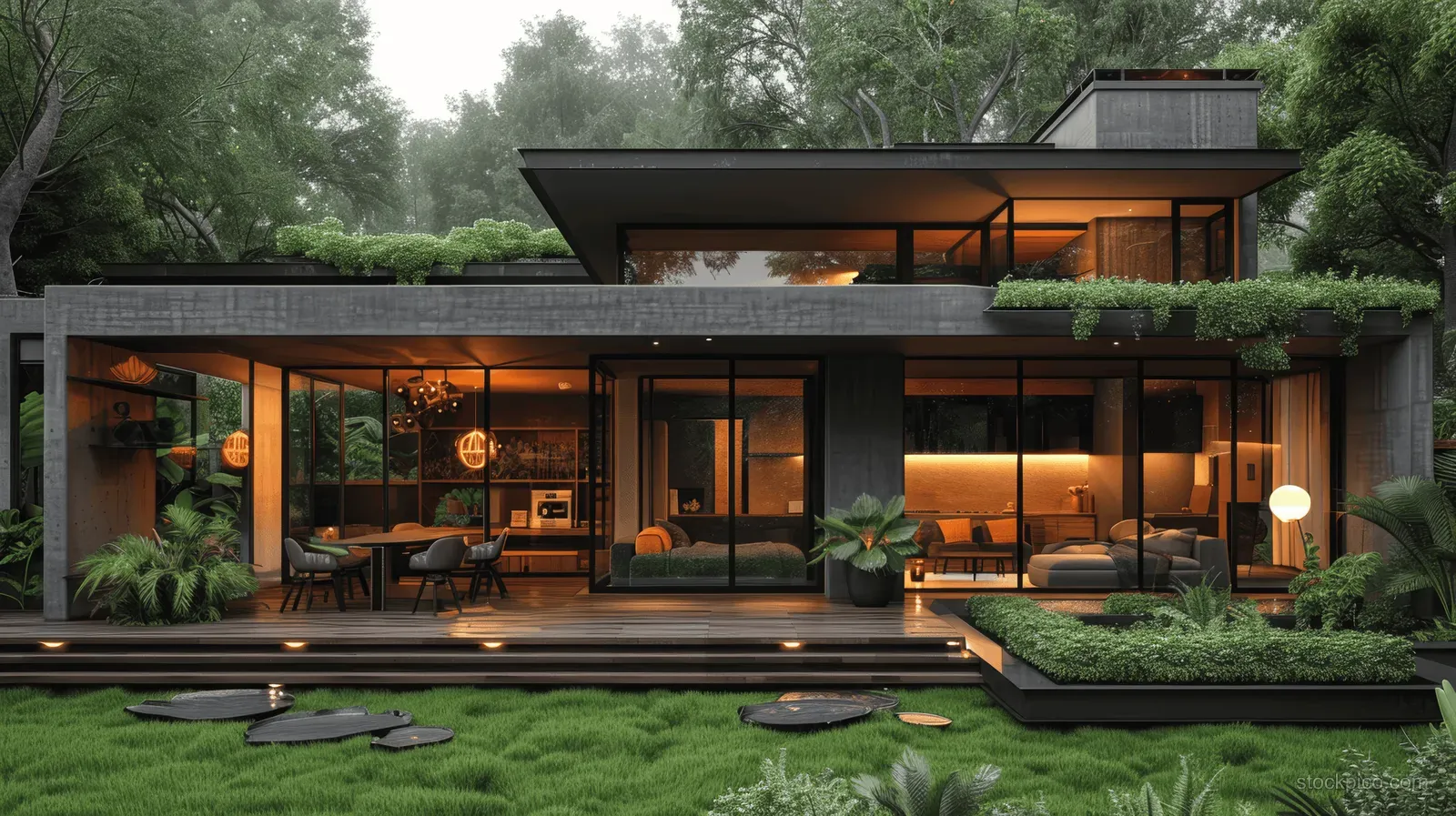Black minimalist house at dusk with glowing open kitchen behind glass, wooden deck, and lush backyard lawn.