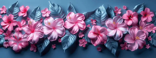 Light pink monstera leaves and tropical flowers on cool blue with soft 3D depth
