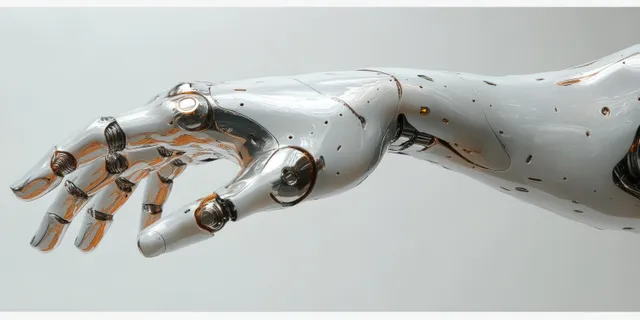 A futuristic robotic hand extends forward with metallic fingers, visible joints, and reflective highlights under studio lighting.