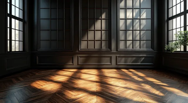 A dark paneled interior with a herringbone wood floor and warm ambient lighting streaming from wall fixtures.