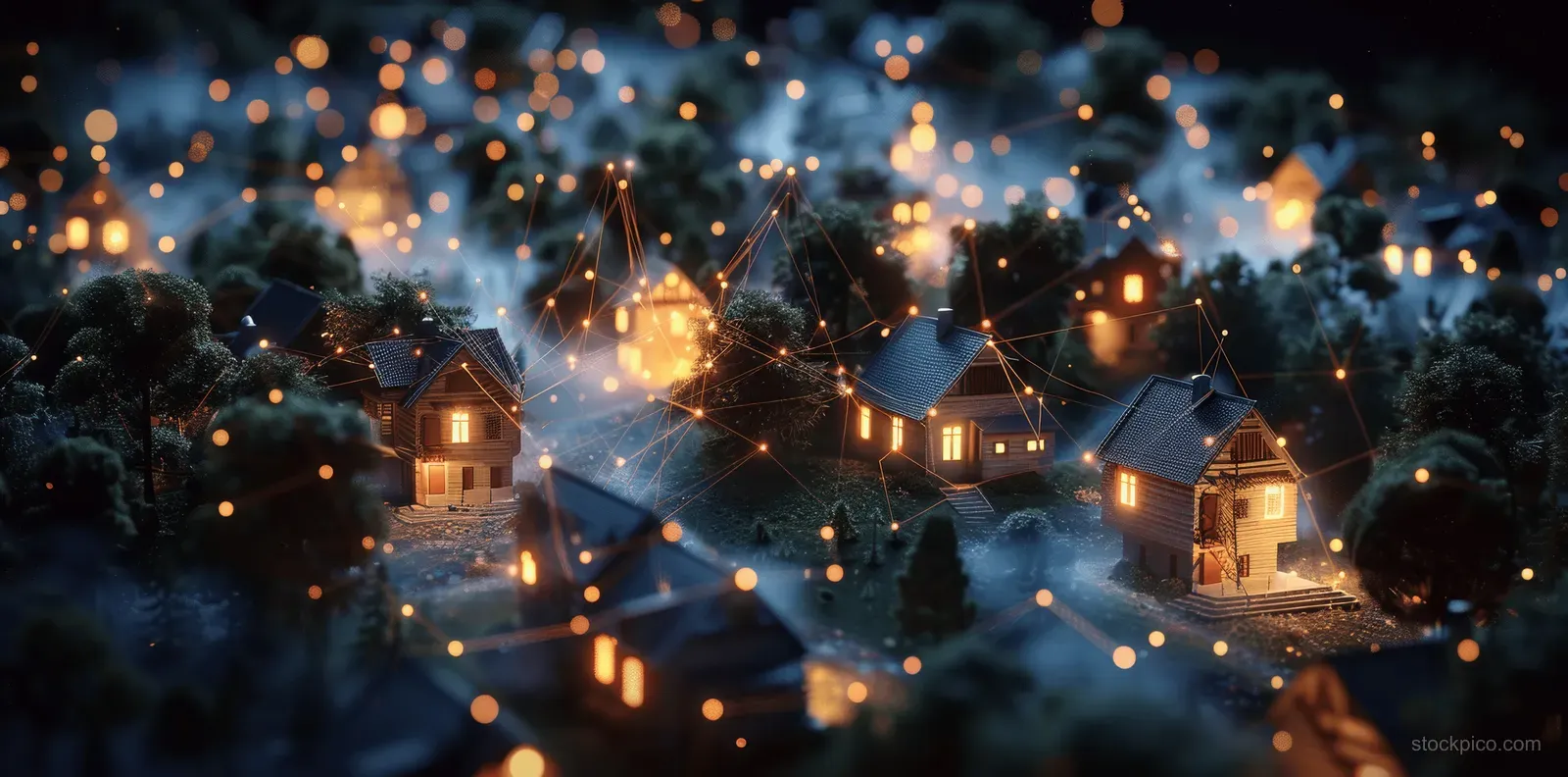 Suburban houses at night are connected by glowing network lines and floating data nodes between lit windows.