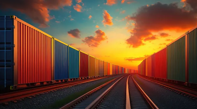 Colorful shipping containers lined on freight rail tracks at fiery sunset horizon