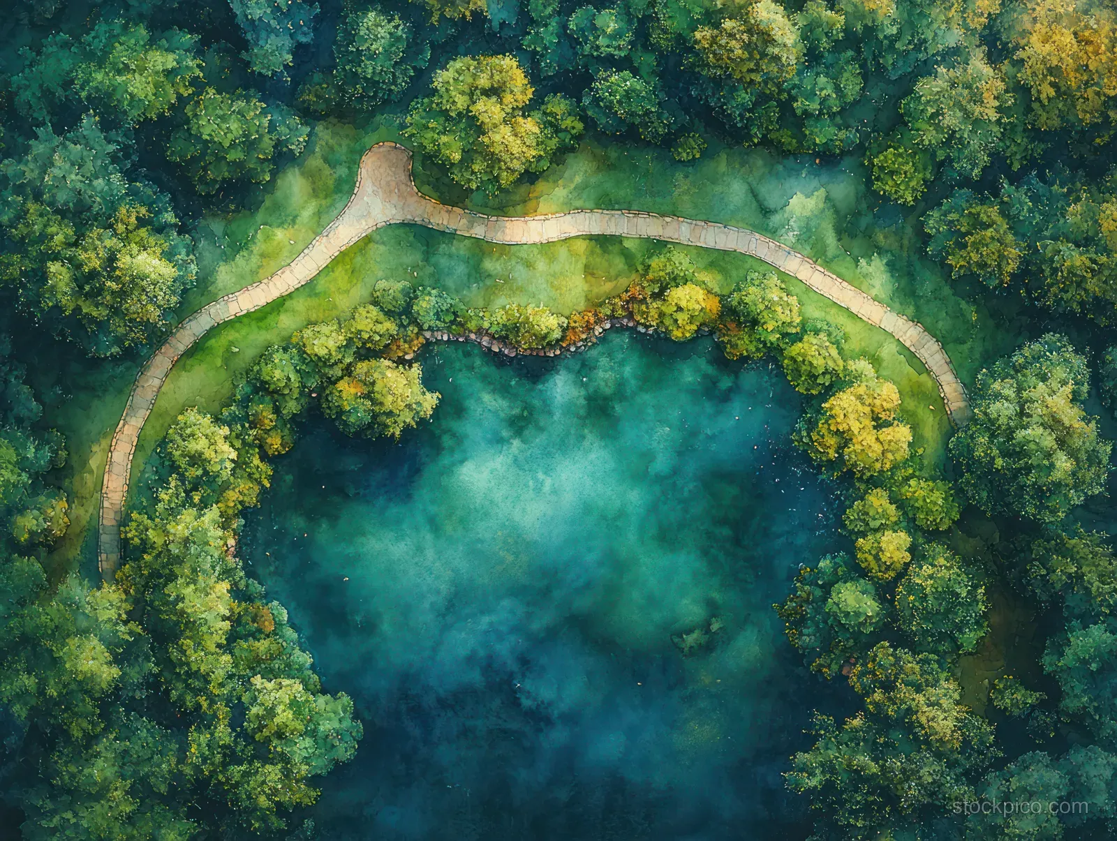 Aerial shot shows a tranquil lake surrounded by dense green trees and a winding park path in golden-hour light.