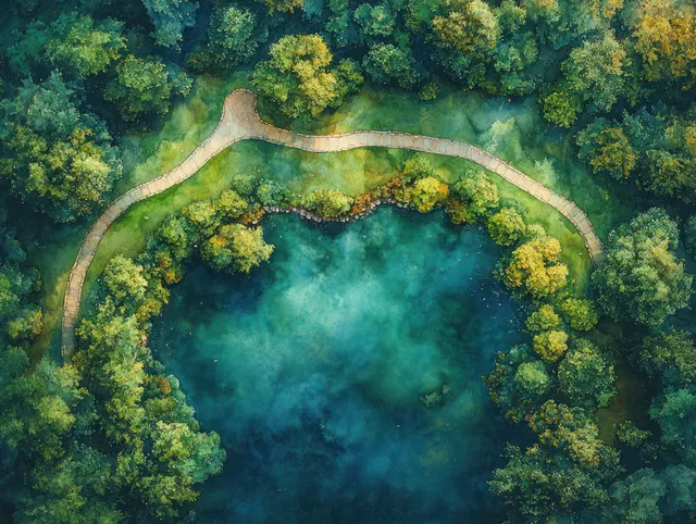 Aerial shot shows a tranquil lake surrounded by dense green trees and a winding park path in golden-hour light.