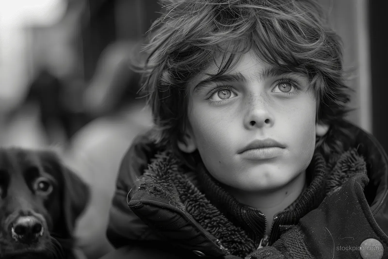 A Victorian boy in a dark coat with raised collar looks toward the camera on a London street in monochrome.