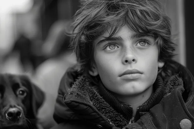 A Victorian boy in a dark coat with raised collar looks toward the camera on a London street in monochrome.