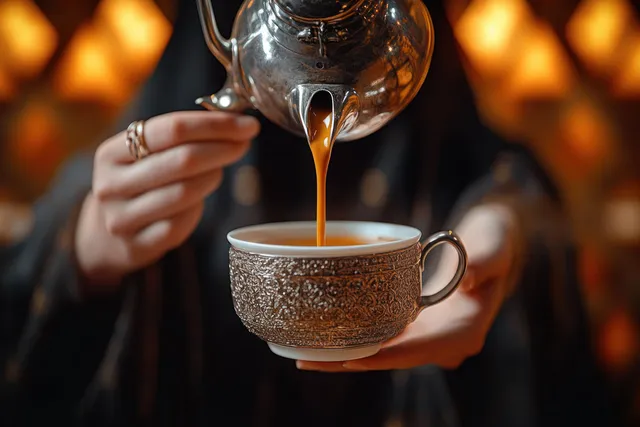 A person pours tea from an ornate silver teapot into an engraved teacup.
