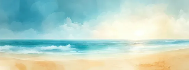 A tranquil watercolor beach scene with soft blue and beige tones, gentle waves, and a sandy shore under filtered sunlight.