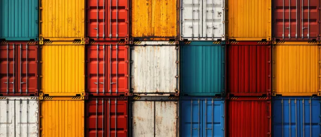 Colorful stacked shipping containers in a grid with weathered metal and rust details