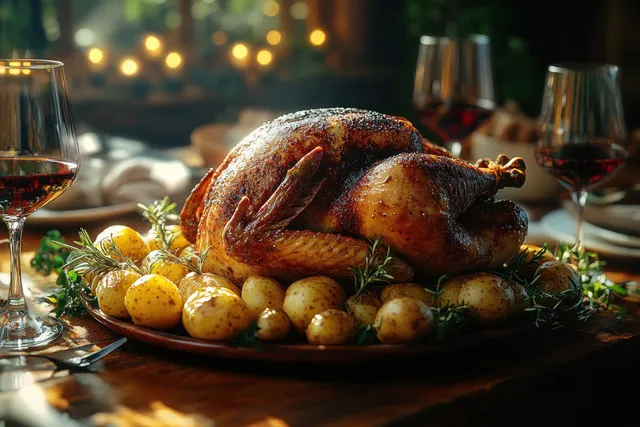 Roasted Thanksgiving turkey on a rustic platter with herbs and small potatoes beside wine glasses on a warmly lit table.