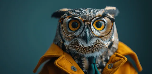 Owl wearing an orange jacket, glasses, and tie poses against a solid blue background with copy space.