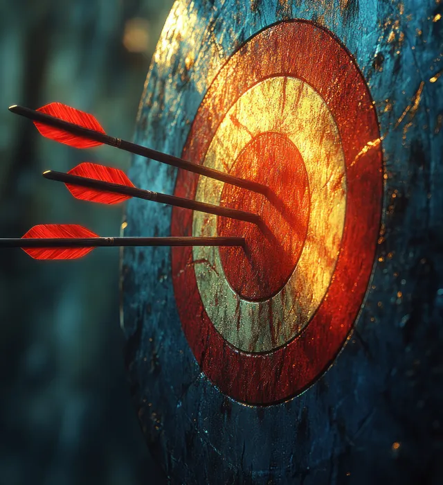 Three red arrows pin a glowing bullseye target as warm sunset light reflects on textured background.