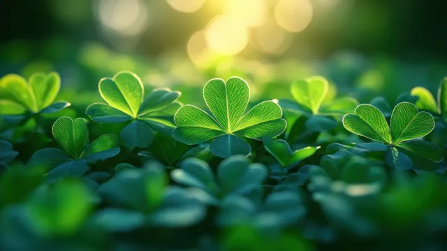 Green clover leaves illuminated by golden sunlight with a blurred bokeh meadow background.