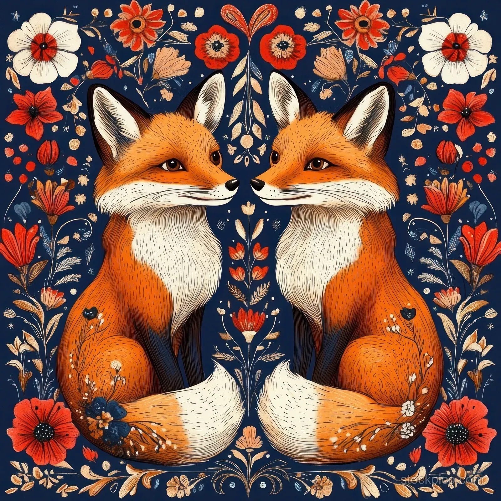 Two orange foxes sit facing each other surrounded by symmetrical red and cream flowers and leaves on a dark blue background.