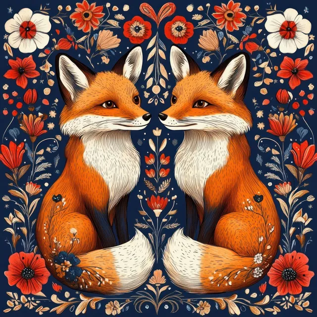 Two orange foxes sit facing each other surrounded by symmetrical red and cream flowers and leaves on a dark blue background.