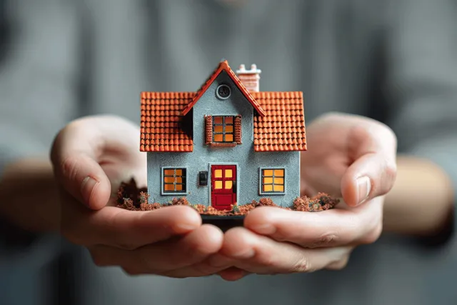 Hands hold a miniature house model with red facade over a grey background.