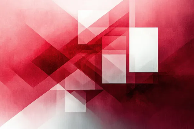 Red and white geometric abstract background with translucent squares and textured gradient