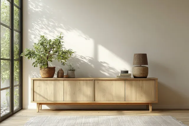 Minimalist Scandinavian sideboard with potted plants beside a tall window casting soft sunlight shadows.