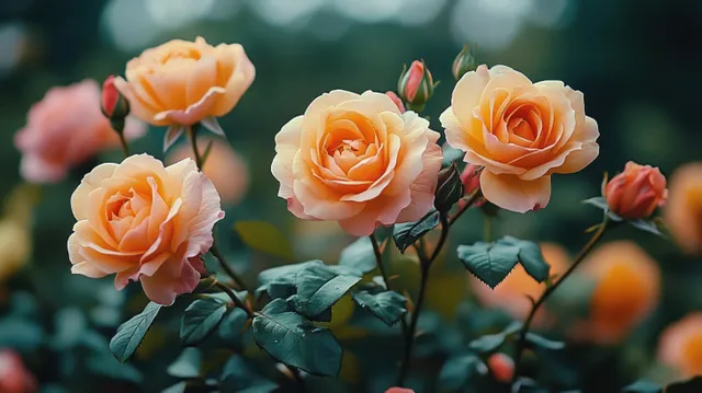 Peach roses bloom on green leafy stems with soft natural light and a blurred garden background.