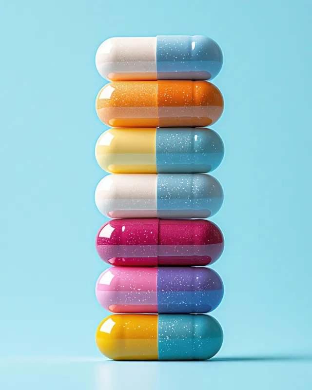 Close-up of colorful glossy capsules stacked vertically on a light blue medical backdrop