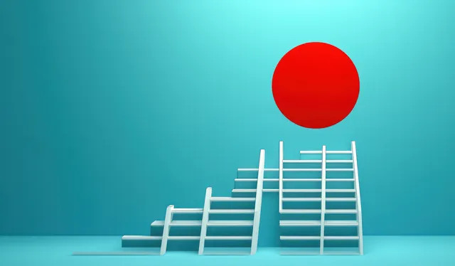 A small ladder climbs toward a red target ball above on a teal gradient background.