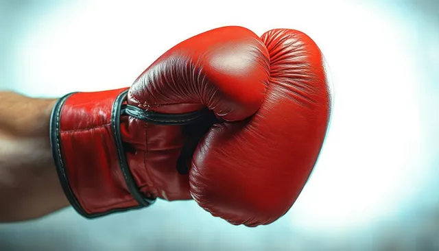 Close-up of a red boxing glove on a clenched fist in a punching stance against a bright blue background.