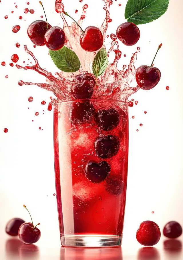 Jugo de cereza roja salpica desde un vaso transparente sobre un fondo blanco con cerezas volando y hojas verdes.