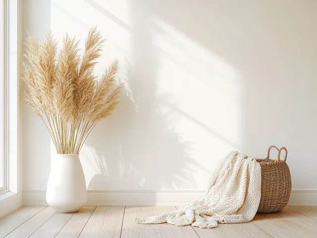 White vase of dried pampas grass sits on a wooden floor beside a draped beige blanket in bright natural light.