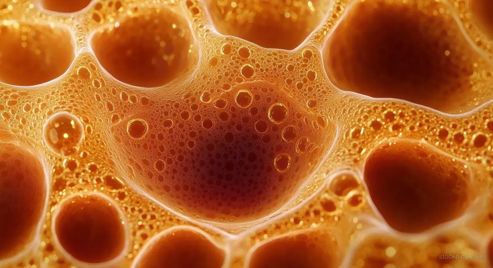 Amber foam bubbles cluster together in a macro close-up with translucent glossy highlights.