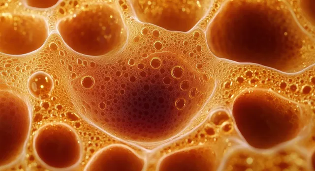 Amber foam bubbles cluster together in a macro close-up with translucent glossy highlights.