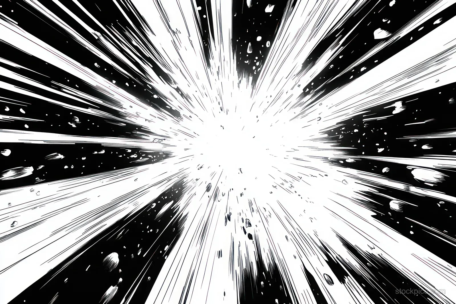 Monochrome shockwave burst radiates bright rays outward with scattered debris particles in motion.