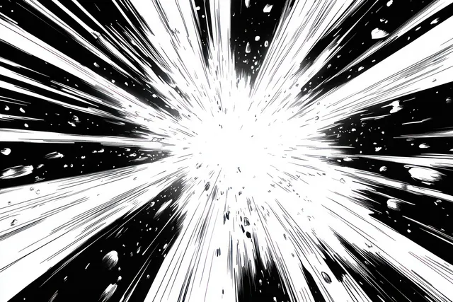 Monochrome shockwave burst radiates bright rays outward with scattered debris particles in motion.