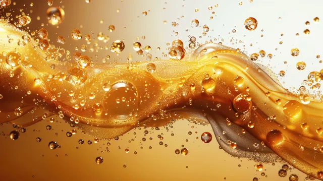 Golden oil and water bubbles swirl in a macro splash across a white background.
