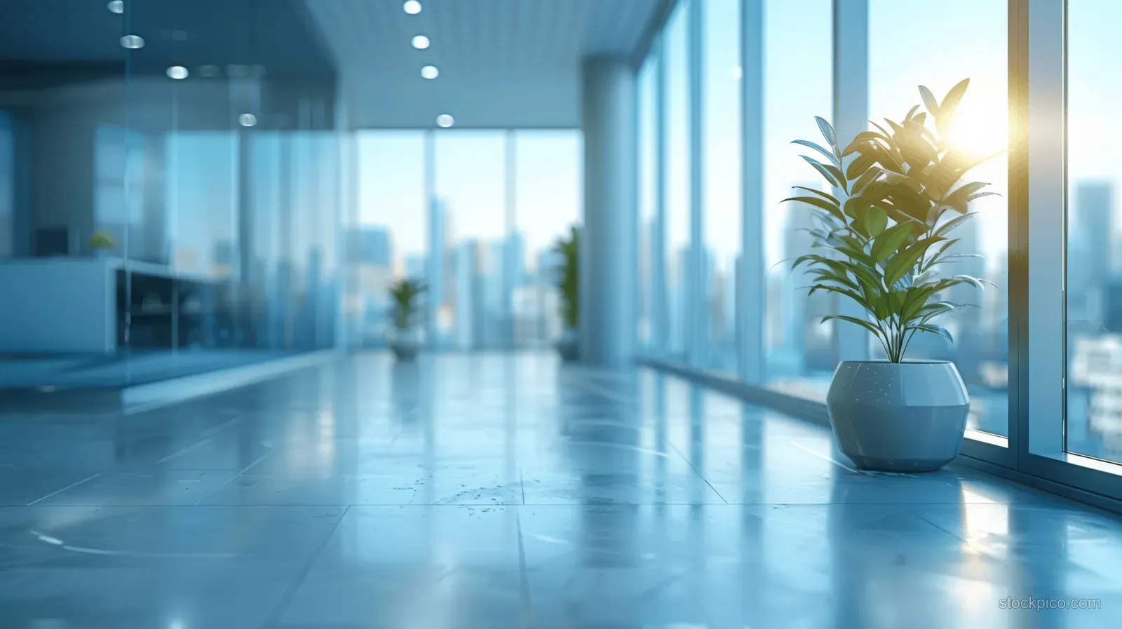Minimalist office corridor with glass windows and a potted plant in the foreground under daylight.