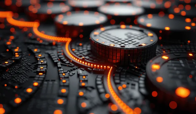 Coins and a rising arrow growth chart glow over a futuristic grid of connected data lines.