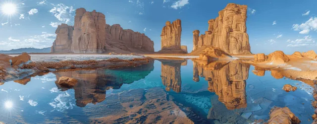 Panoramic view of Al Hasef sandstone rock formations in Al Ula with desert sand and blue sky.