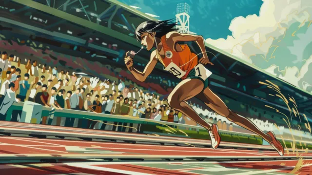 An orange-clad Japanese runner sprints around a stadium track bend with cheering spectators behind.