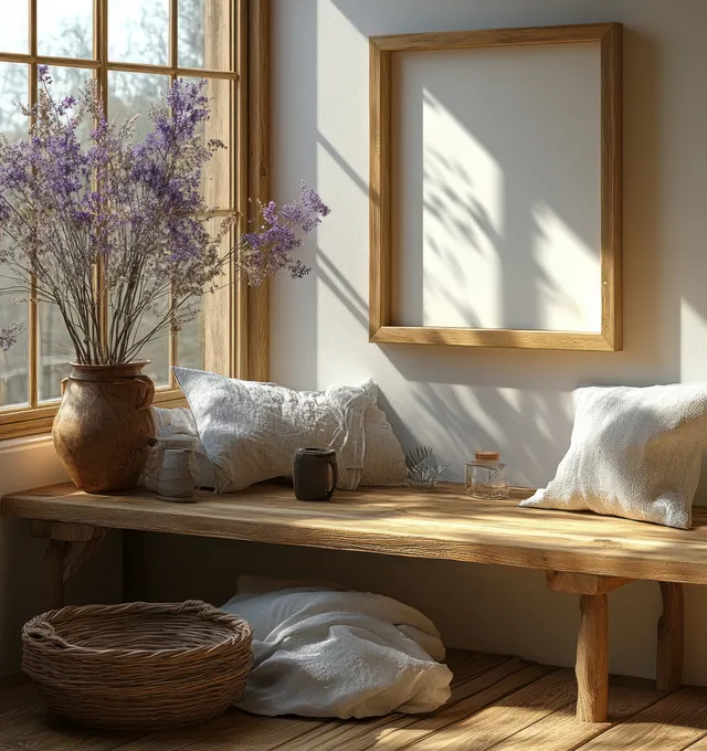 Blank wooden picture frame sits on a sunlit windowsill with candles, linen, and small decor in a Scandinavian room.