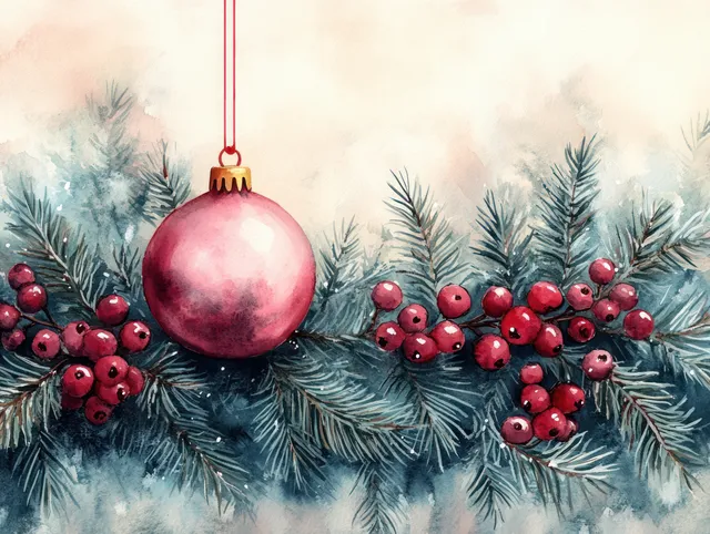 Watercolor evergreen garland with pine needles, red berries, and a pink ornament