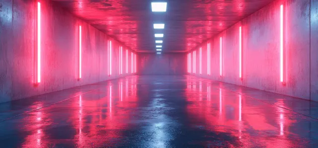 Neon cyberpunk tunnel corridor with blue and red light streaks on polished concrete floor