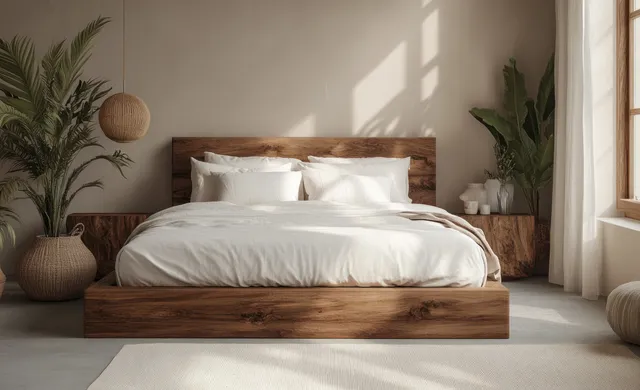 Minimalist Scandinavian bedroom with modern wooden bed, white linens, soft morning window light