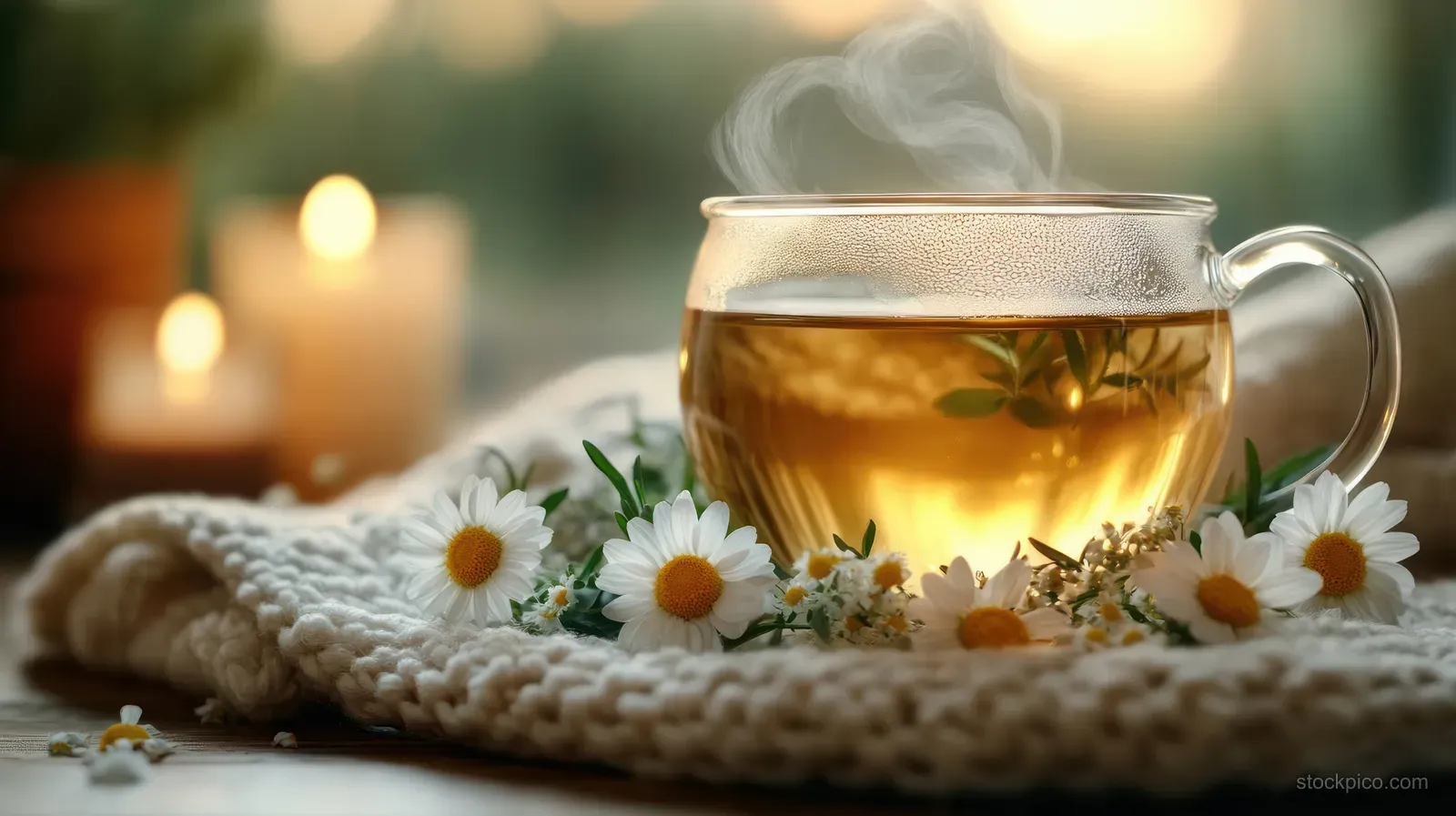 A clear mug of steaming herbal tea rests on a knitted cloth with chamomile flowers beside warm candlelight.