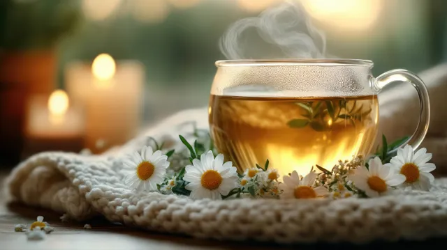 A clear mug of steaming herbal tea rests on a knitted cloth with chamomile flowers beside warm candlelight.
