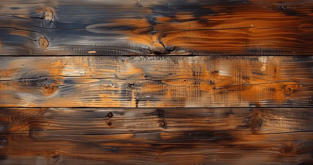 Top-down view of weathered wooden planks with brown and orange grain texture and visible knots.