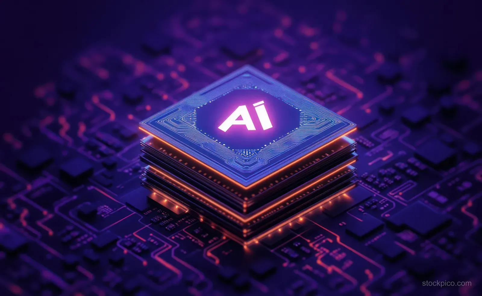 A stacked AI microchip glows neon purple and orange on a dark circuit board with visible electronic traces.