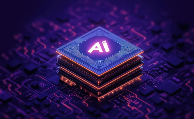 Glowing stacked microchip labeled AI on dark circuit board with neon purple and orange glow