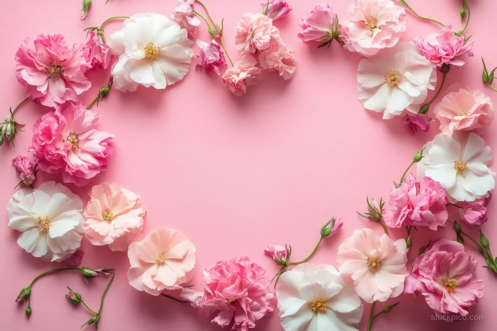 Pink and white flowers form a heart border around a pastel pink background.
