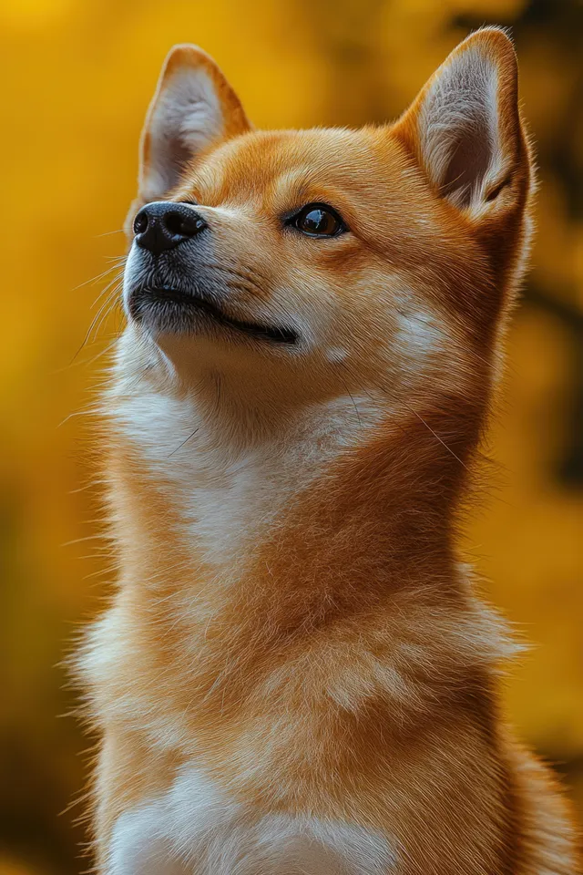 Red Shiba Inu sitting gracefully in a studio, facing forward against bright yellow backdrop