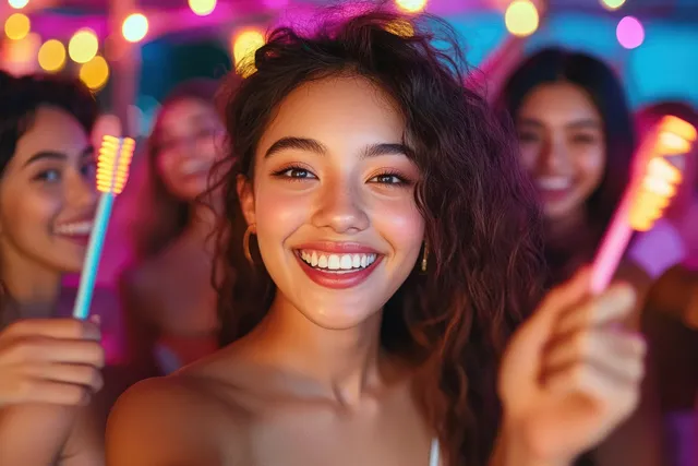 Young women laughing with party sparklers outdoors at night, colorful bokeh lights behind